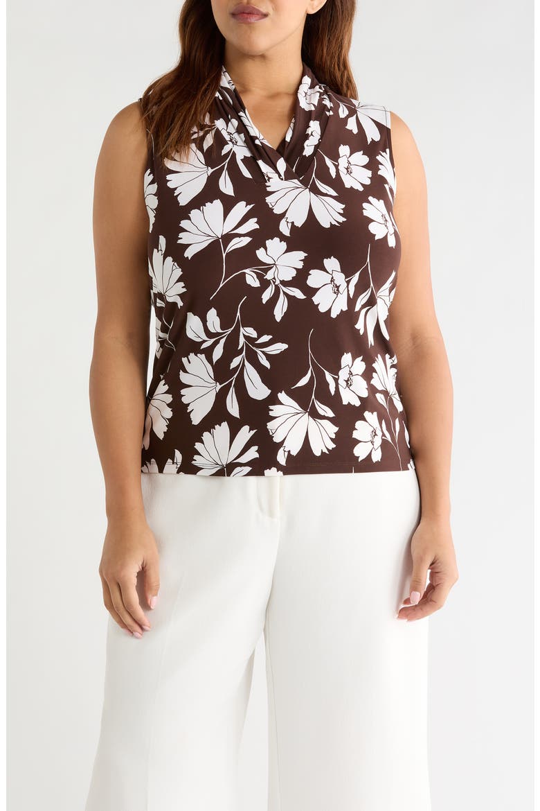 Floral Triple Pleat V-neck Top, Main, color, DARK CHOCOLATE/ WHITE DOVE