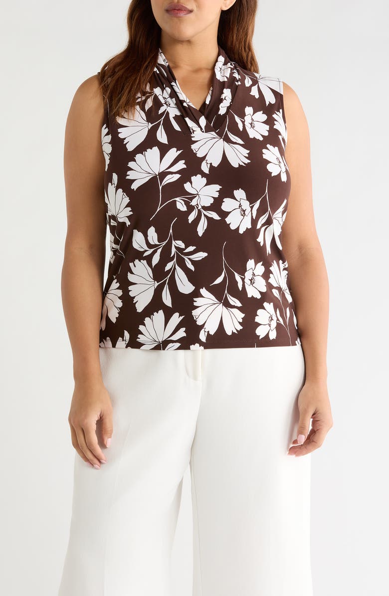 Anne Klein Floral Triple Pleat V-neck Top, Main, color, Dark Chocolate/ White Dove