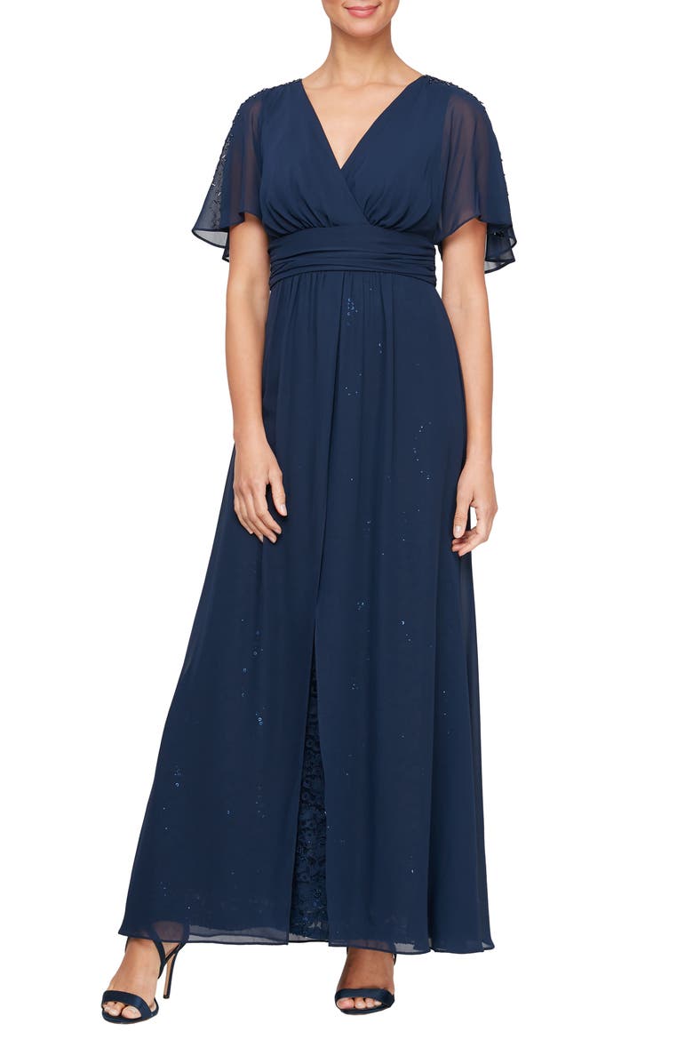 Beaded Flutter Sleeve Layered A-Line Gown, Main, color, NAVY