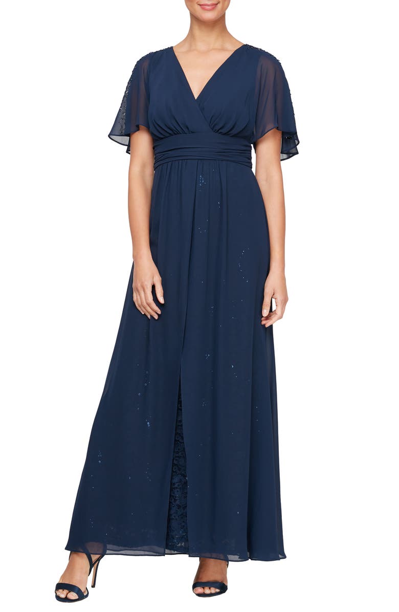 SL FASHIONS Beaded Flutter Sleeve Layered A-Line Gown, Main, color, Navy