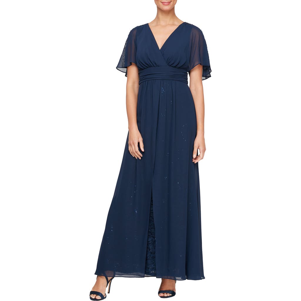 Sl Fashions Beaded Flutter Sleeve Layered A-line Gown In Navy