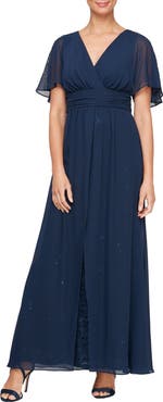 SL FASHIONS Beaded Flutter Sleeve Layered A-Line Gown