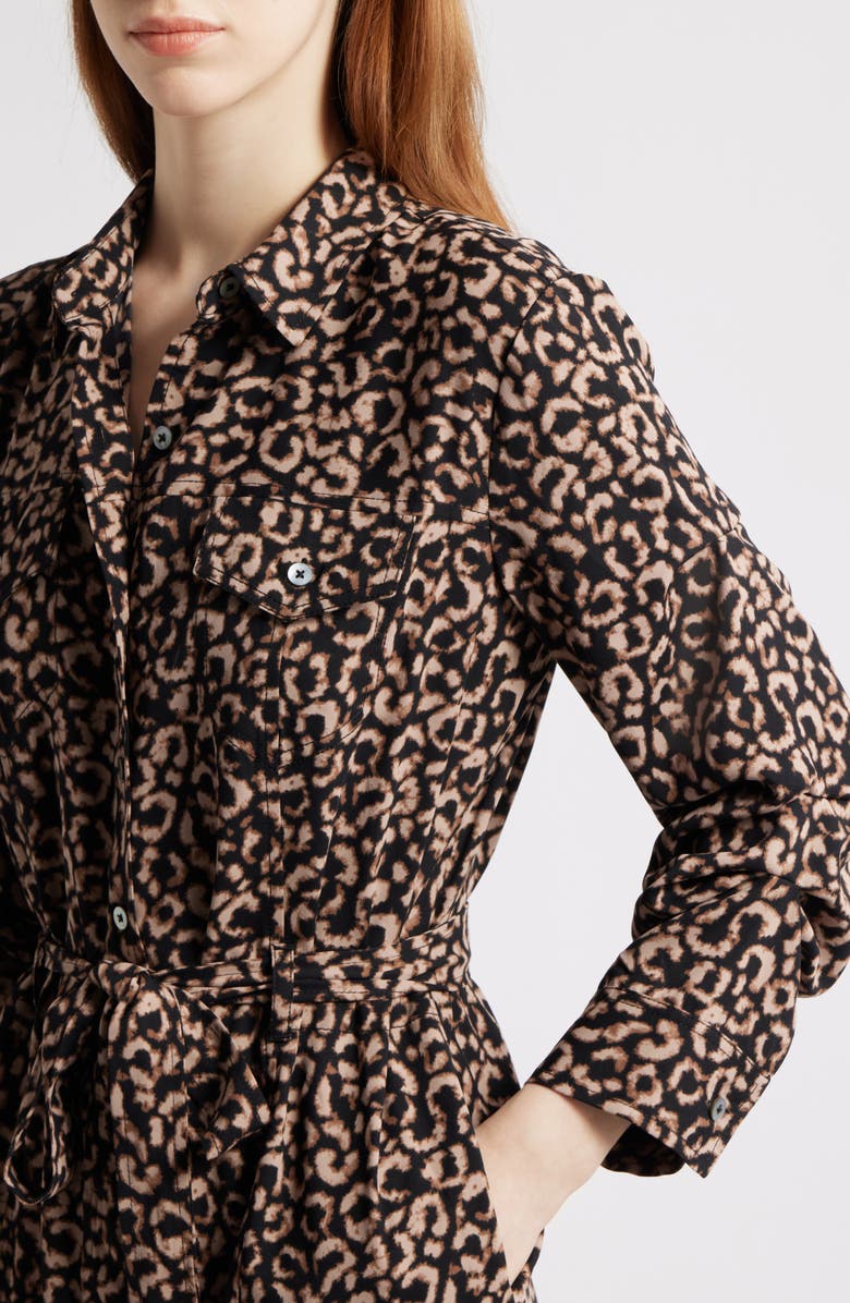 NIC+ZOE Abstract Animal Print Ruched Sleeve Trench Shirtdress, Alternate, color, Brown Multi