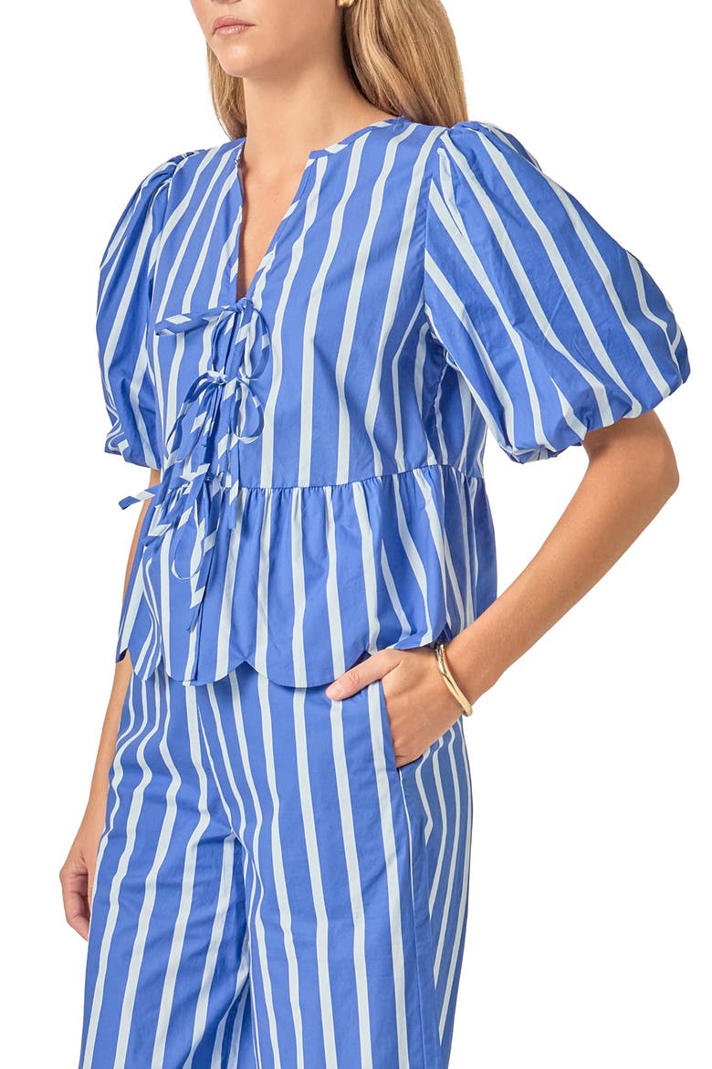 Stripe Tie Front Puff Sleeve Top, Alternate, color, NAVY/ BLUE