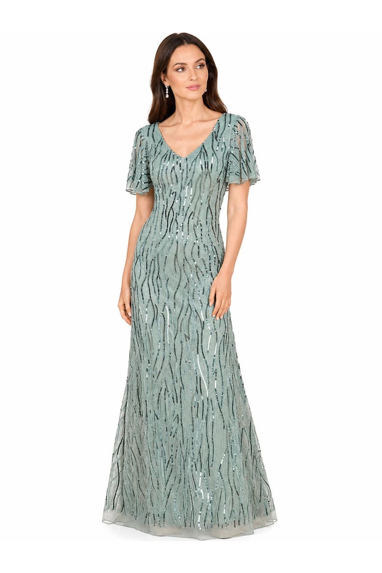 Beaded Faux-Wrap V-Neck Bridal Gown, Alternate, color, Green Mist