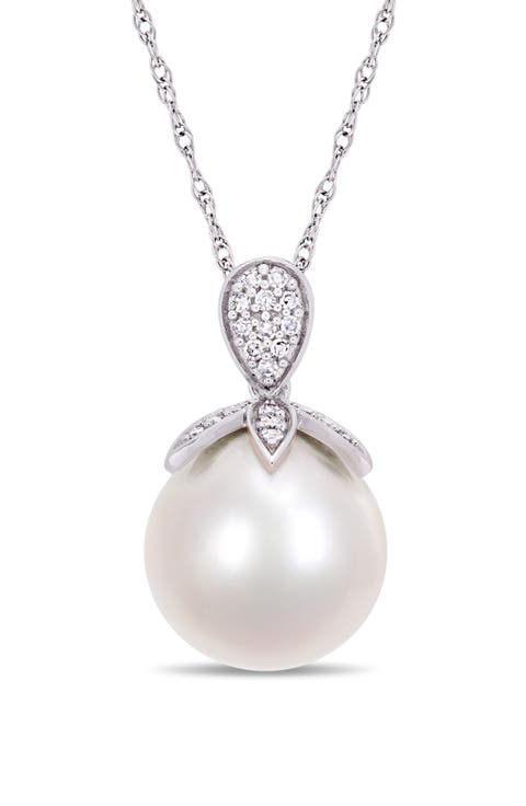 Cultured Freshwater Pearl & Diamond Pendant Necklace - 0.1ct.