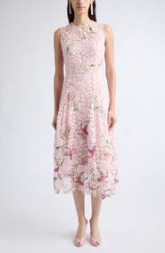 Oscar de la Renta Painted Iris Guipure Lace Midi Dress