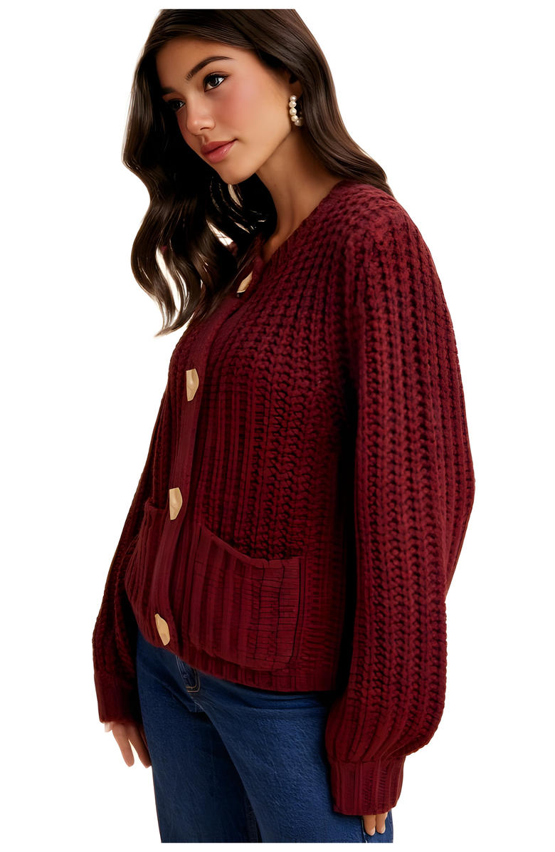 Knit and Lounge Chunky Knit Cardigan with Gold Buttons and Front Pockets, Alternate, color, Wine Red