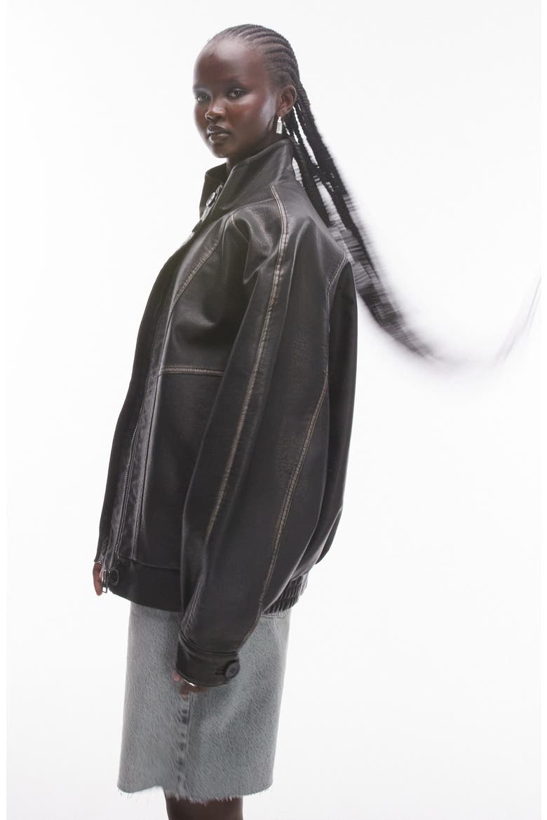 Oversize Faux Leather Bomber Jacket, Alternate, color, BLACK