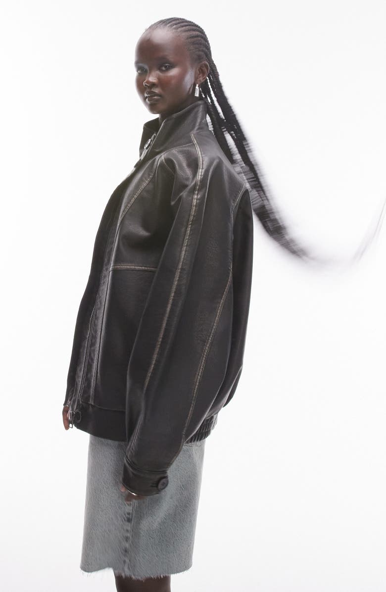 Topshop Oversize Faux Leather Bomber Jacket, Alternate, color,