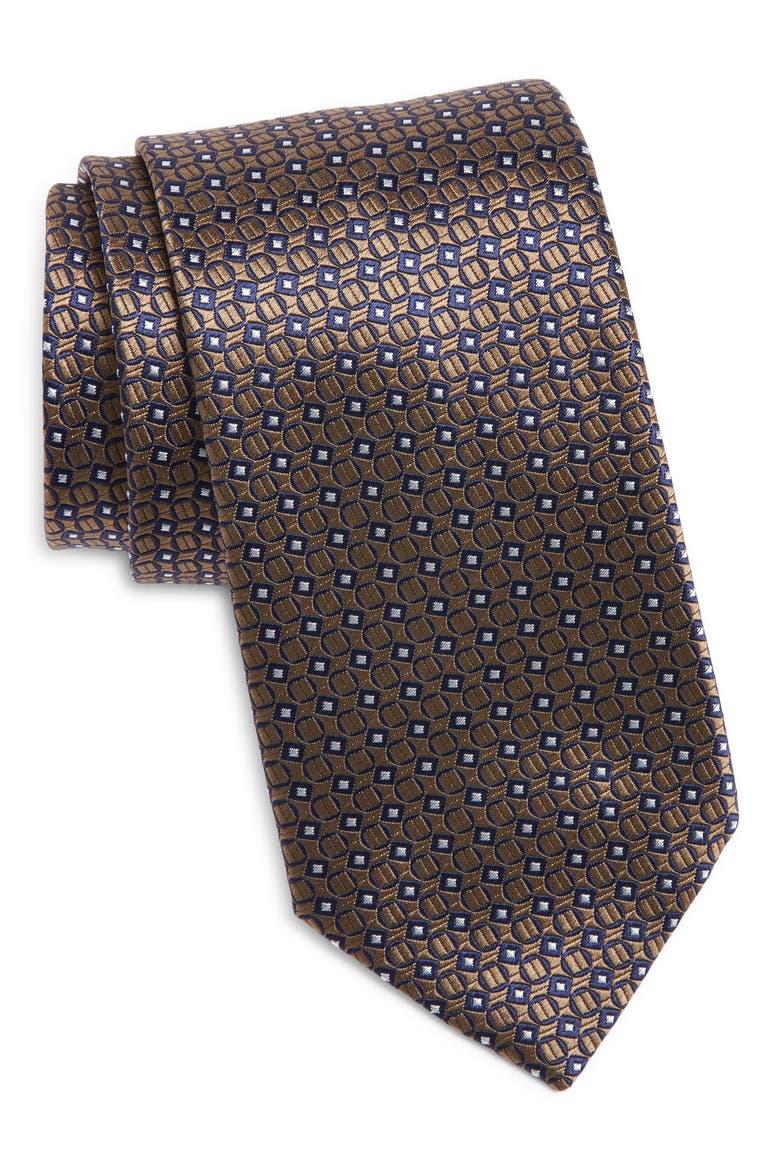 Geometric Silk Tie, Main, color, BROWN