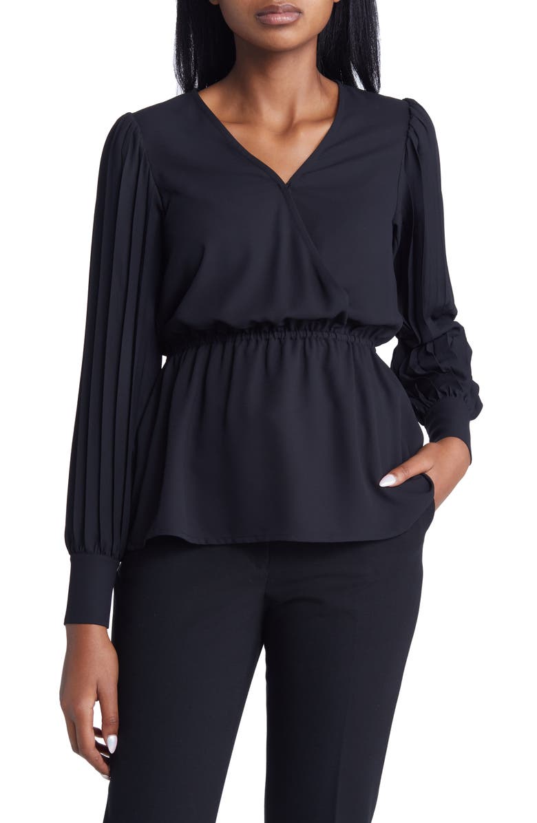 Anne Klein Pleated Sleeve Peplum Blouse, Main, color, Anne Black