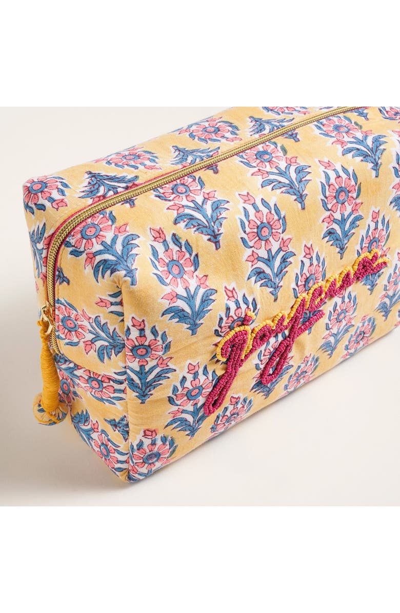 Zsa Zsa Zsu Delhi Embroidered Block Printed 100% Cotton Cosmetic Bag 10X6 In, Alternate, color, Yellow