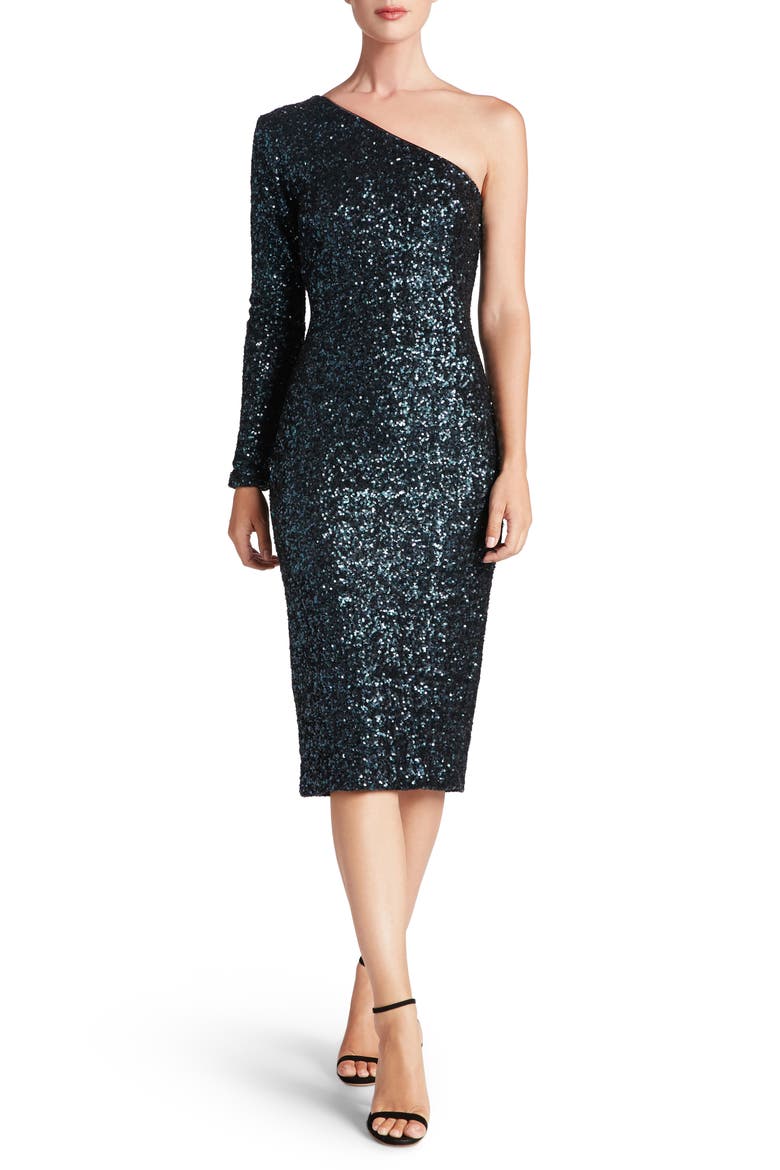 Chrissie Sequin One-Shoulder Cocktail Dress, Main, color, NAVY