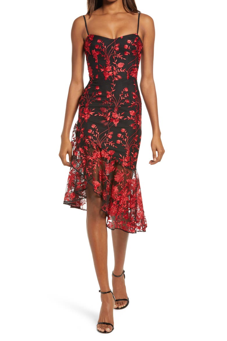 Cantrelle Asymmetrical Hem Cocktail Dress, Main, color, LIPSTICK RED MULTI