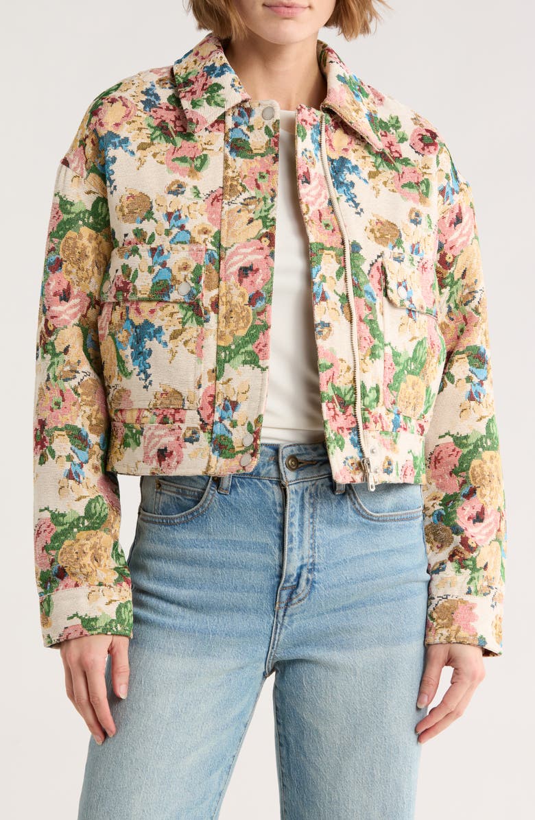 Avec Les Filles Aviator Floral Jacquard Jacket, Main, color, Cream/Pink Floral