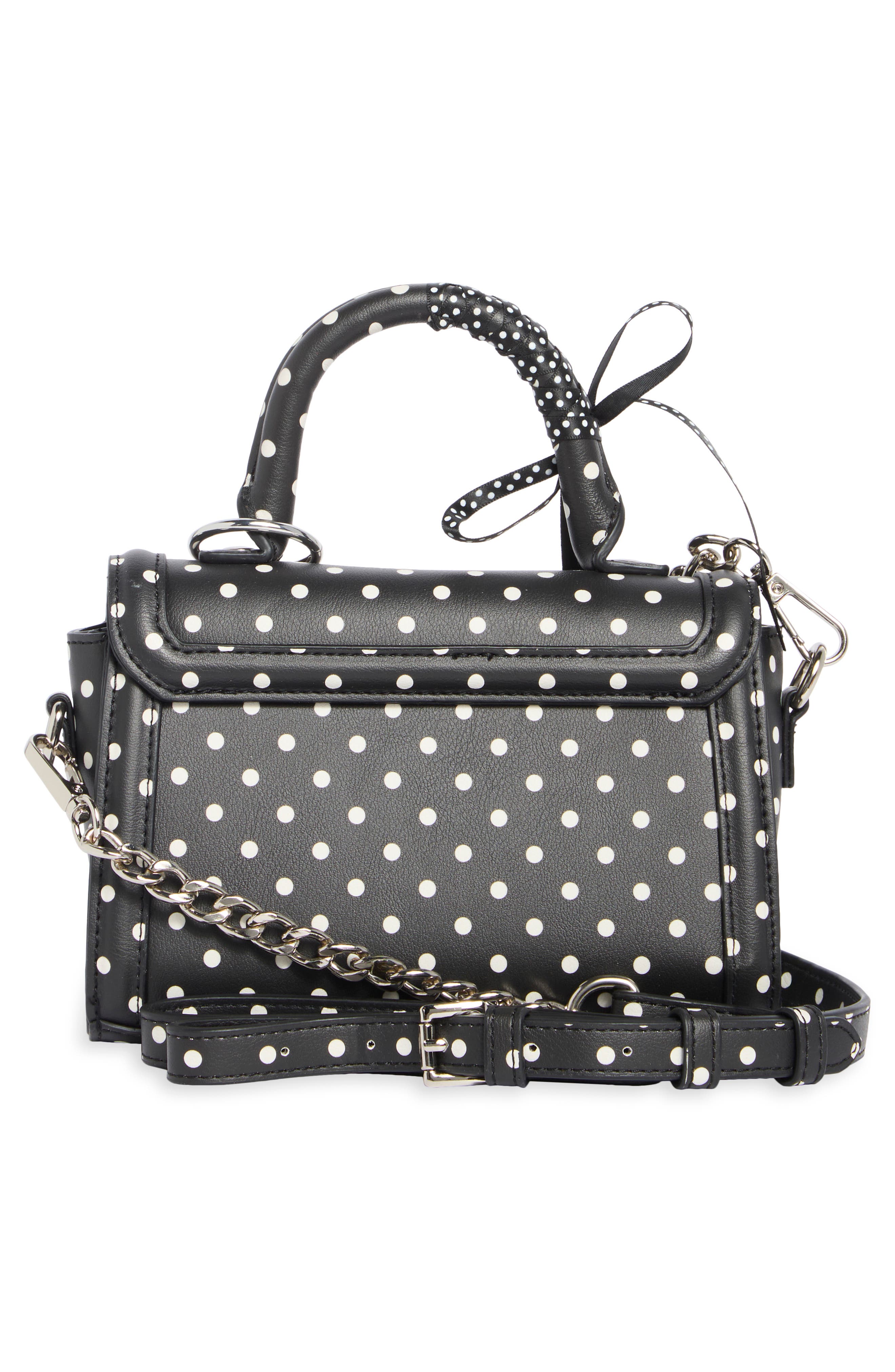 Madden Girl Daisy Charm Top Handle Crossbody Bag, Alternate, color, Black Polka Dots