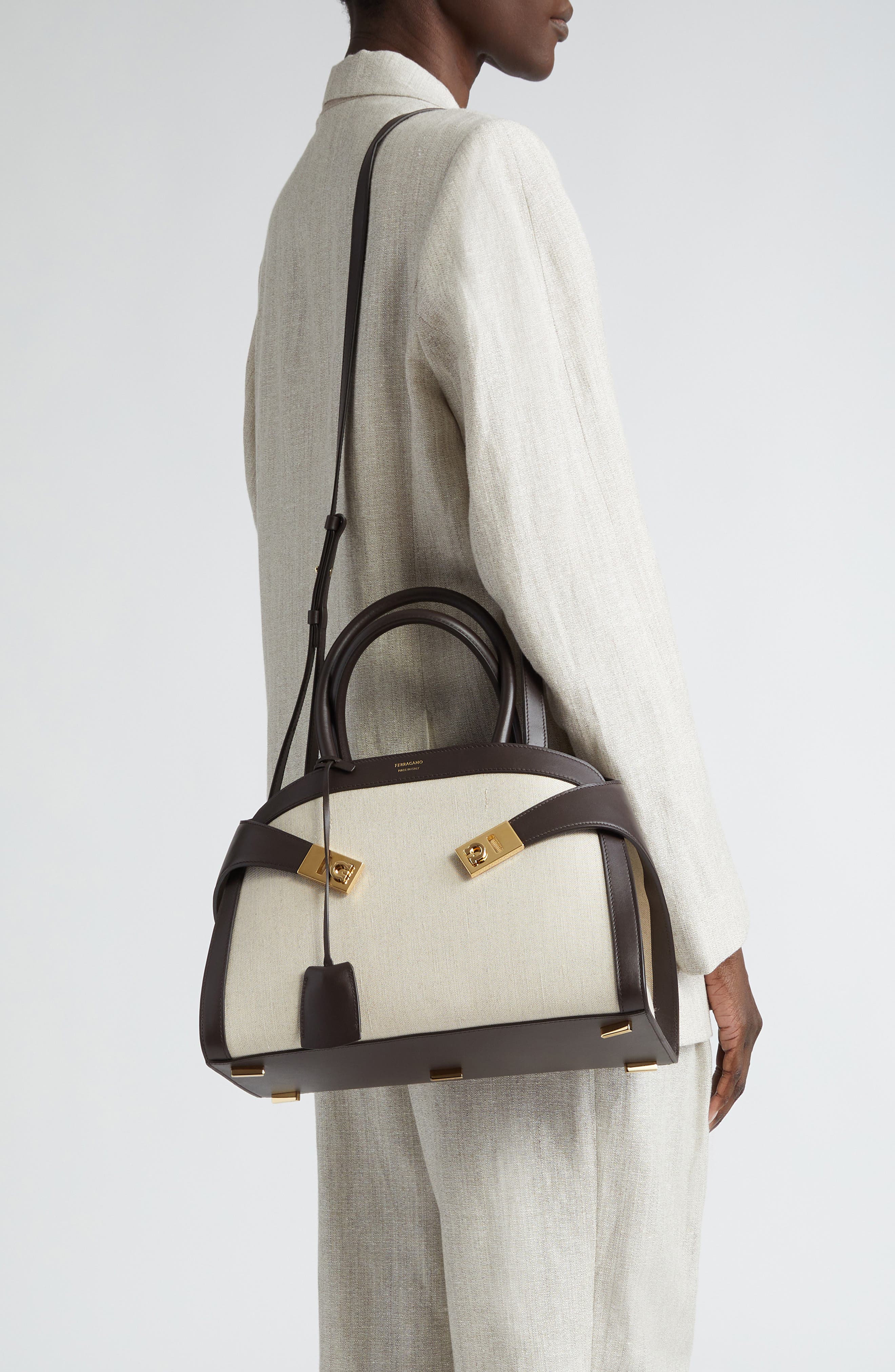 FERRAGAMO Small Hug Canvas & Leather Satchel, Alternate, color, 