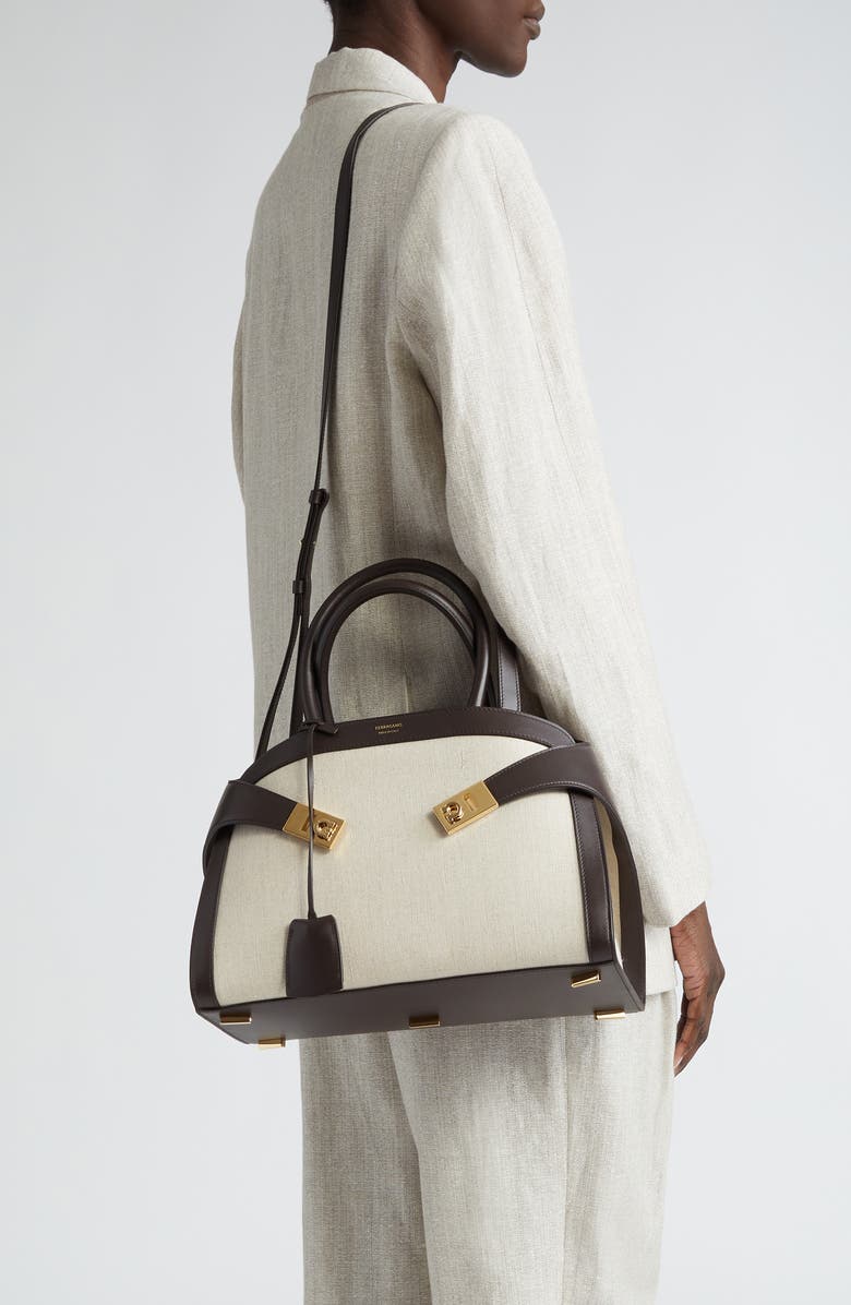 FERRAGAMO Small Hug Canvas & Leather Satchel, Alternate, color,