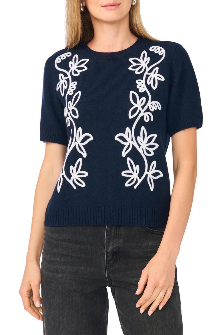 Embroidered Short Sleeve Crewneck Sweater, Main, color, NOT SO NAVY