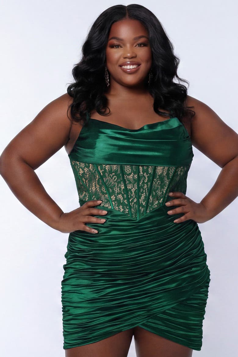 Plus Size Lace Corset Party Dress with Tulip Hem, Alternate, color, Hunter/Nude