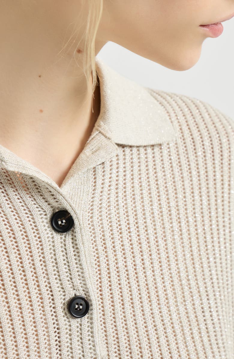 Brunello Cucinelli Ribbed net polo shirt, Alternate, color, Oat