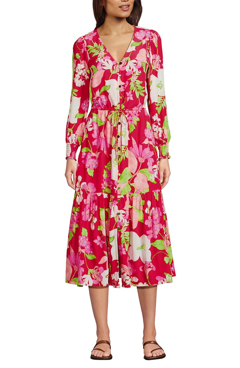 Lands' End Crepe Button Front Long Sleeve Midi Dress, Alternate, color, Berry Rouge Lilies