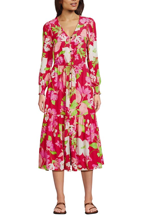 Lands' End Crepe Button Front Long Sleeve Midi Dress In Berry Rouge Lilies
