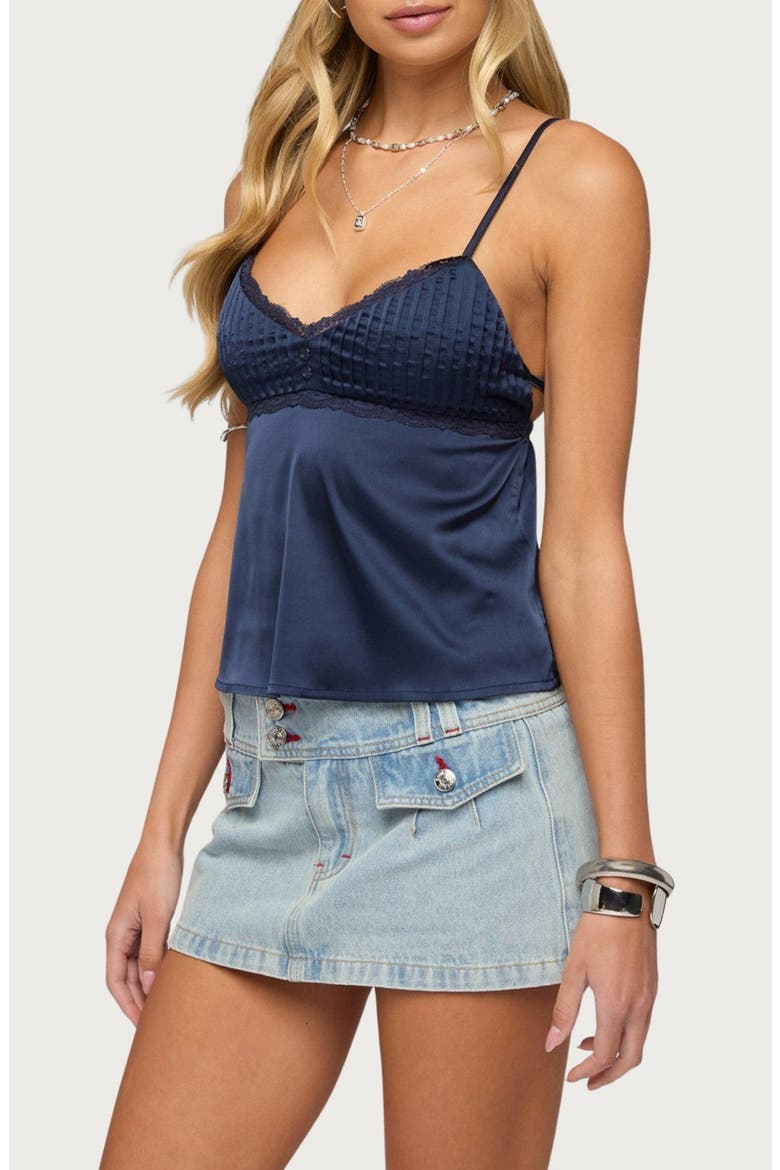 Blanca Lace Trim Satin Camisole, Alternate, color, NAVY