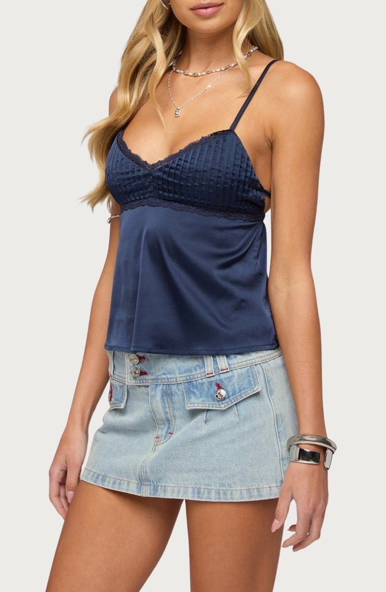 EDIKTED Blanca Lace Trim Satin Camisole, Alternate, color, Navy