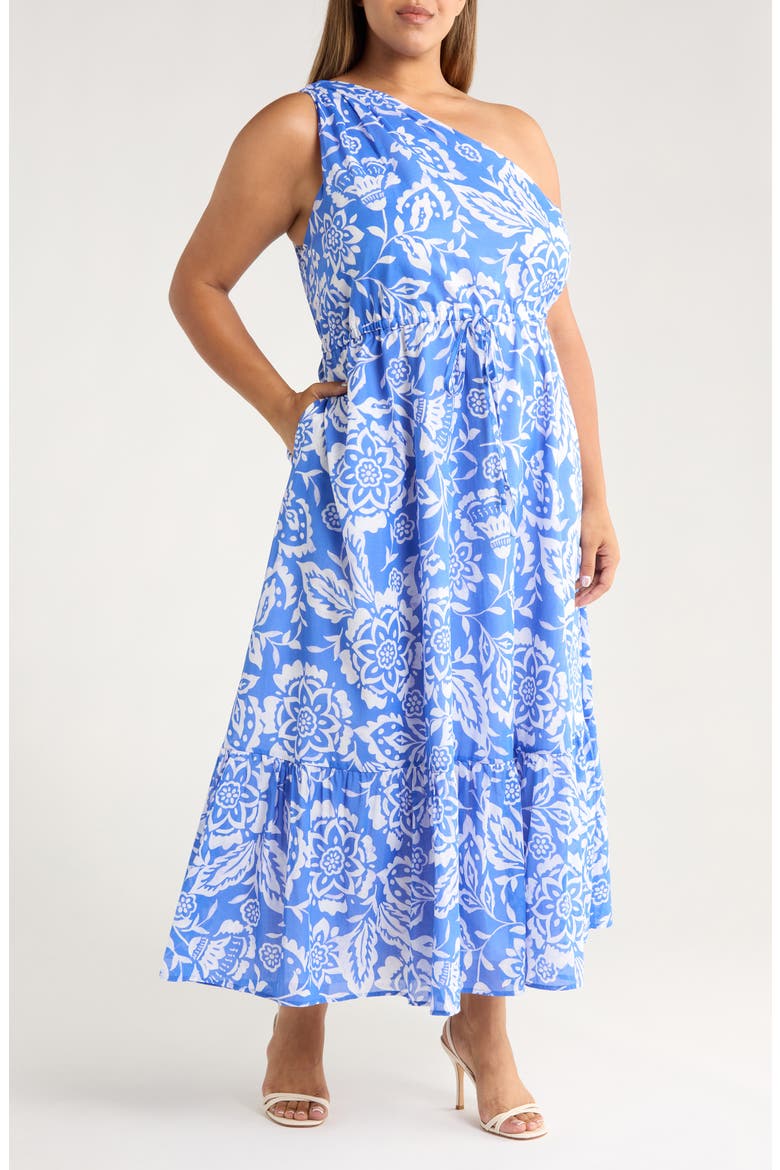 Marny Elya Floral One-Shoulder Cotton Maxi Dress, Main, color, BLUE/ WHITE