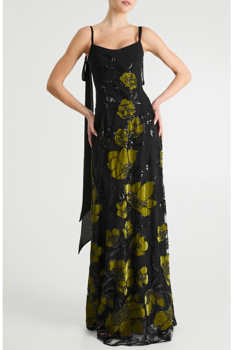 Dana Sequin Floral Scarf Detail Gown, Main, color, BLACK/ OLIVE