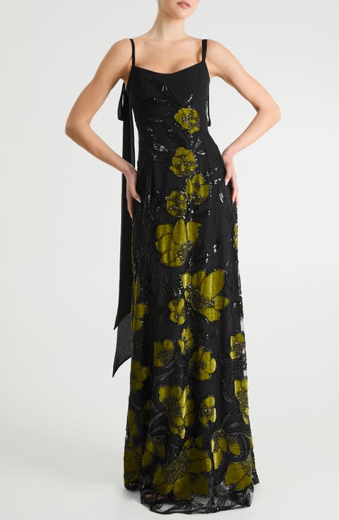 Dana Sequin Floral Scarf Detail Gown