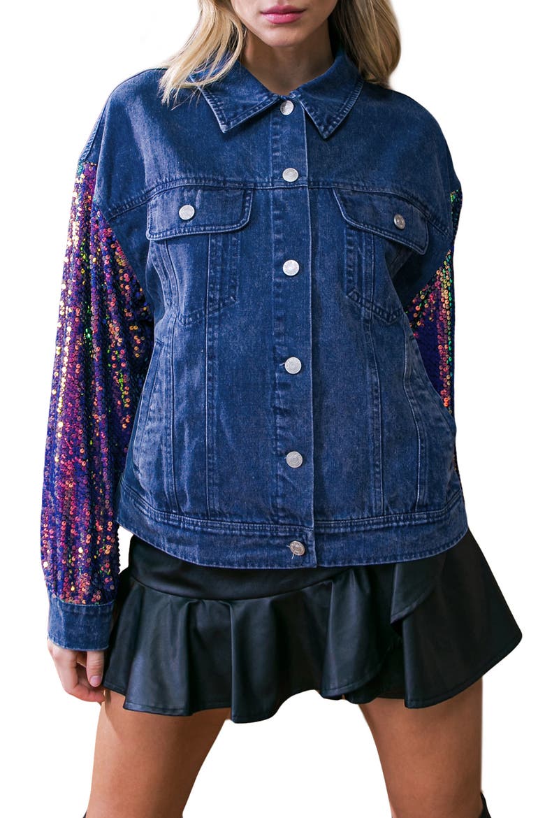 Walking the Walk Sequin Sleeve Denim Jacket, Main, color, MEDIUM INDIGO