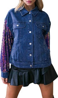 FLYING TOMATO Walking the Walk Sequin Sleeve Denim Jacket