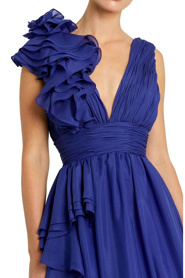 Ruffle Shoulder V-Neck Chiffon Gown, Alternate, color, COBALT