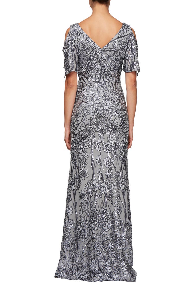Sequin Lace Cold Shoulder Trumpet Evening Gown, Alternate, color, SILVER