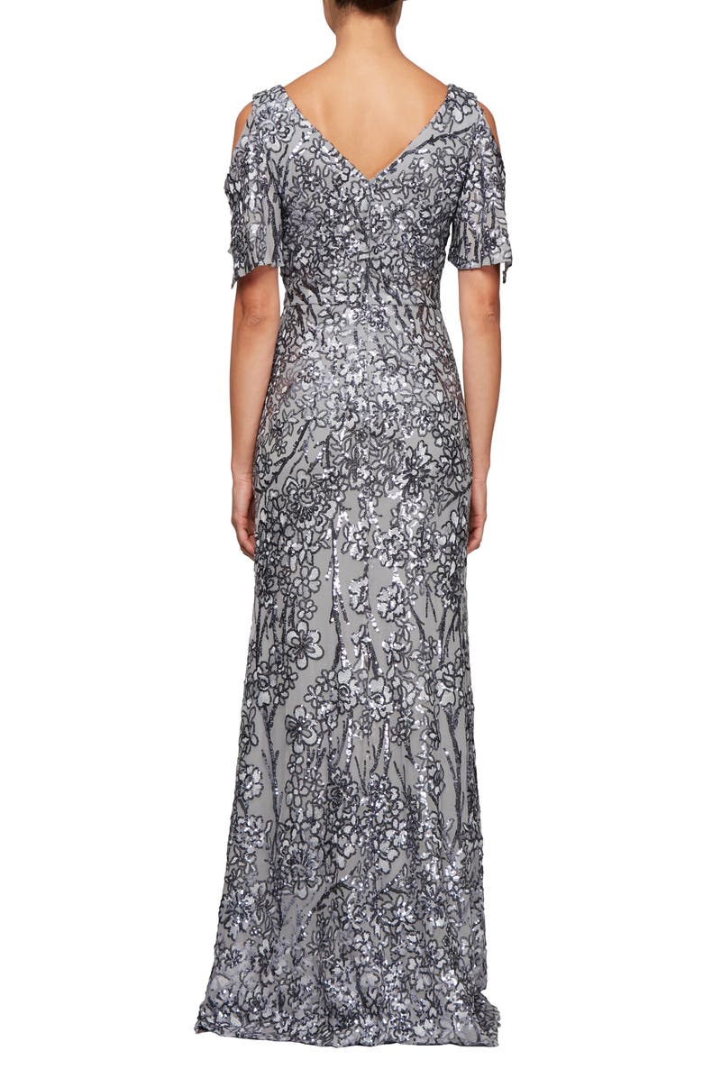 Alex Evenings Sequin Lace Cold Shoulder Trumpet Evening Gown, Alternate, color, Silver