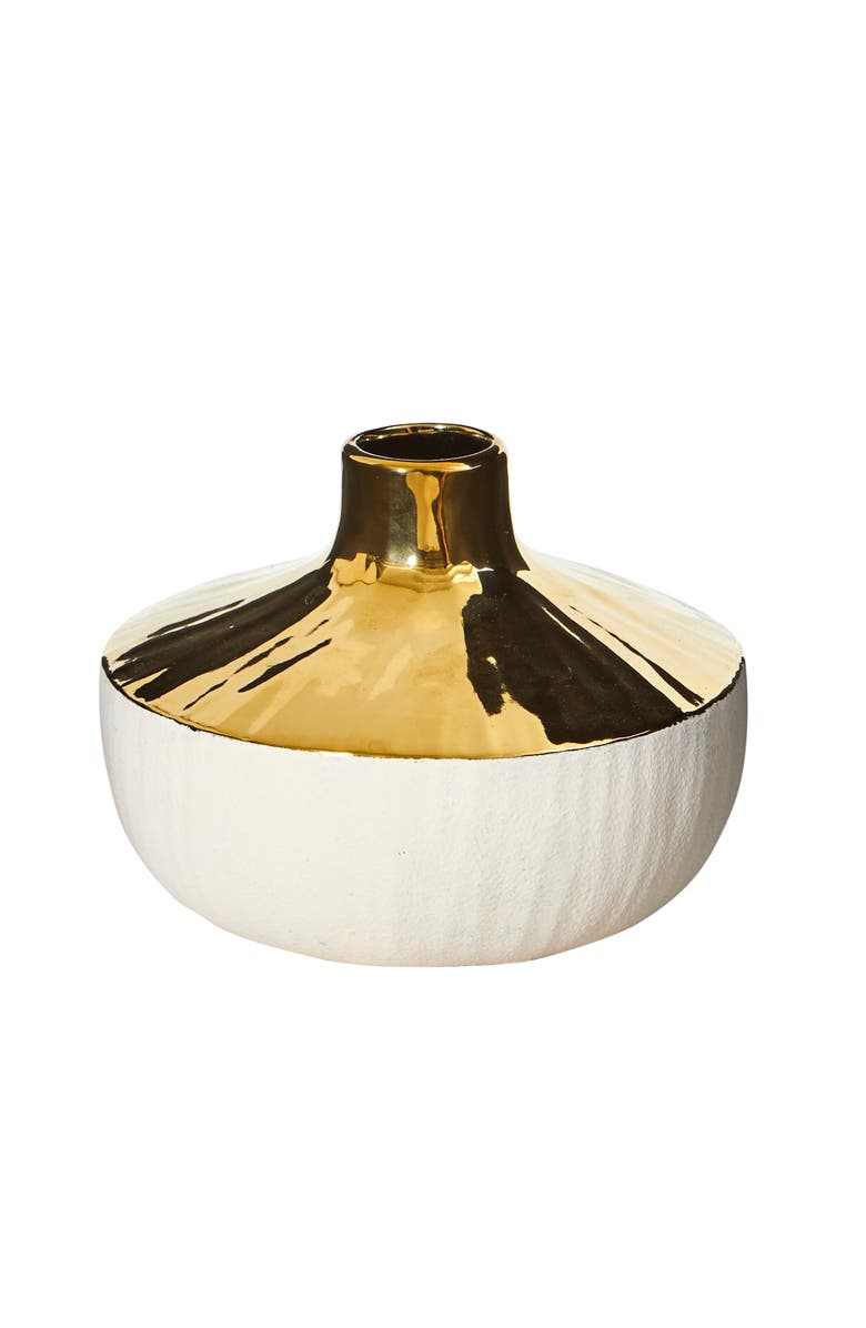 NEARLY NATURAL 8-in Elegance Ceramic Decorative Vase with Gold Accents, Main, color, White