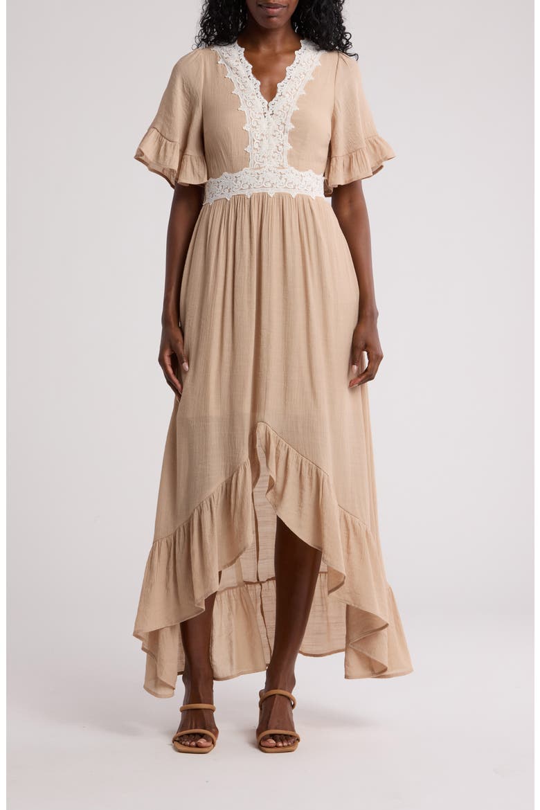Lace Trim High-Low Dress, Main, color, TAUPE