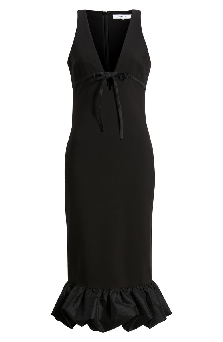 LIKELY Balta Ruffle Hem Mixed Media Cocktail Midi Dress, Alternate, color, Black