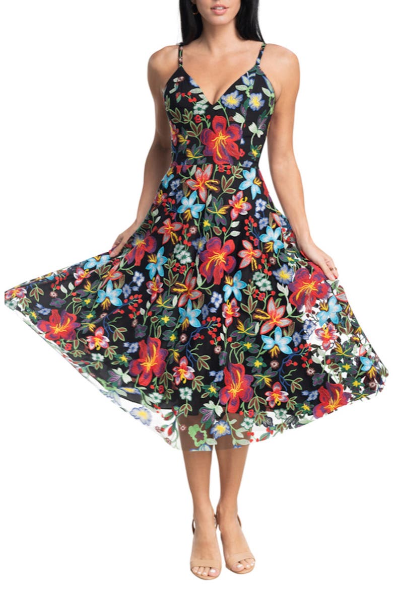 Maren Floral Embroidered Fit & Flare Dress, Main, color, BLACK MULTI