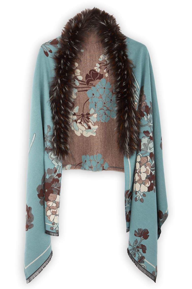 Floral Faux Fur Trim Scarf, Alternate, color, LIGHT BLUE