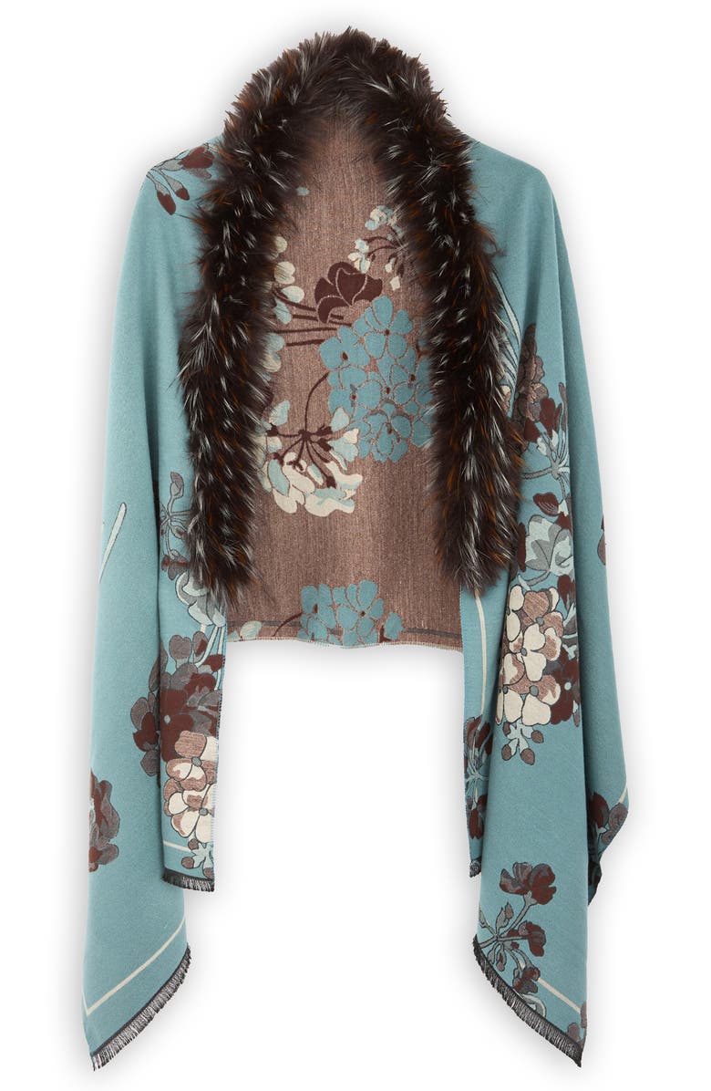 SAACHI Floral Faux Fur Trim Scarf, Alternate, color, Light Blue