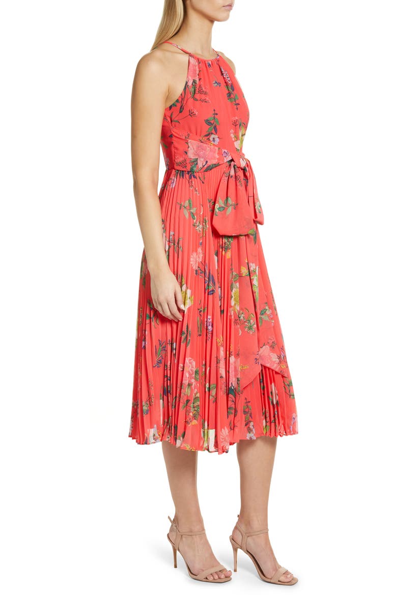 Floral Print Pleated Midi Dress, Alternate, color, PINK