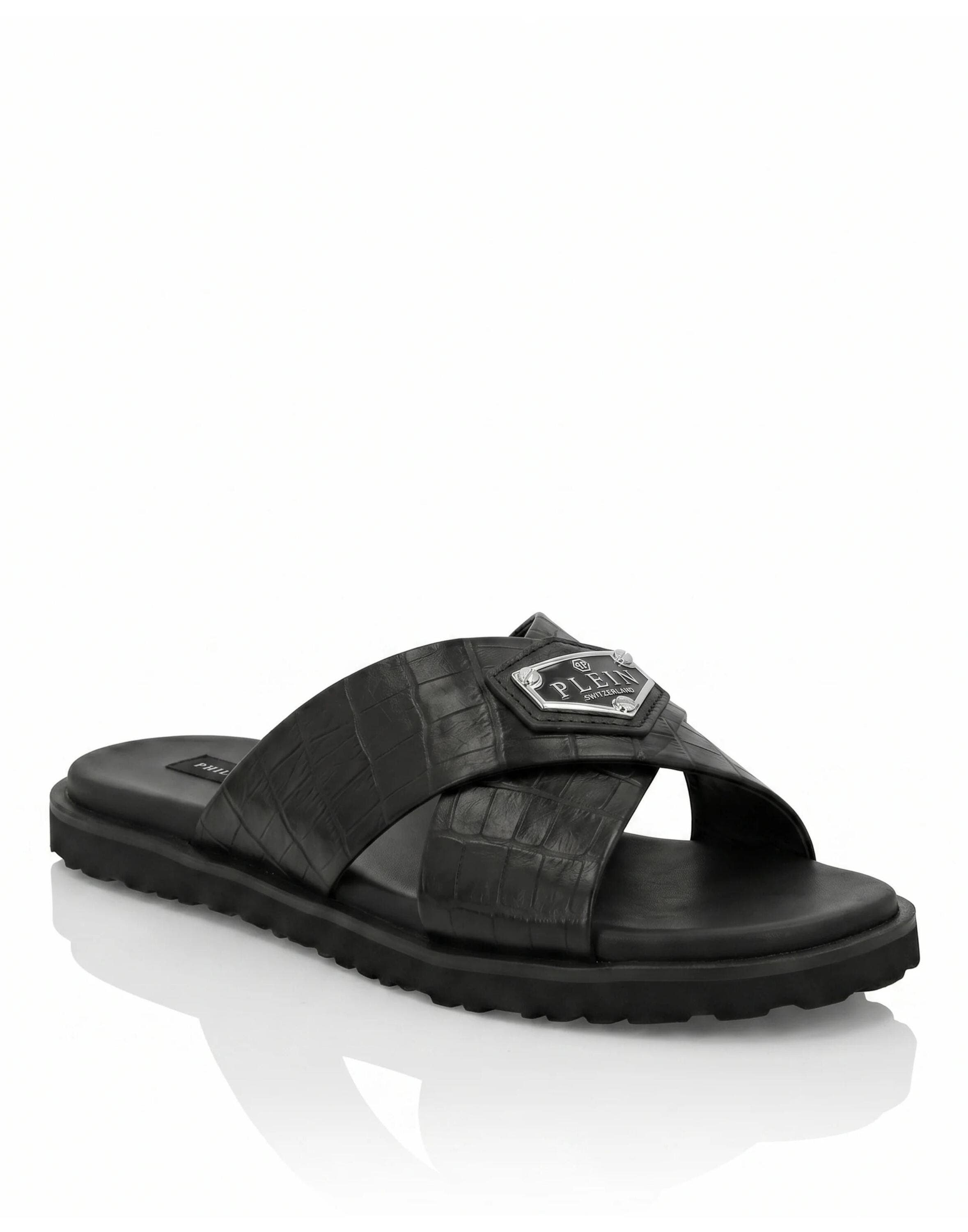 Leather Slippers Criss-Cross Cocco Men, Main, color, black