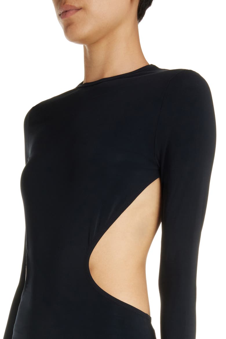 Cutout Long Sleeve Stretch Jersey Minidress, Alternate, color, BLACK