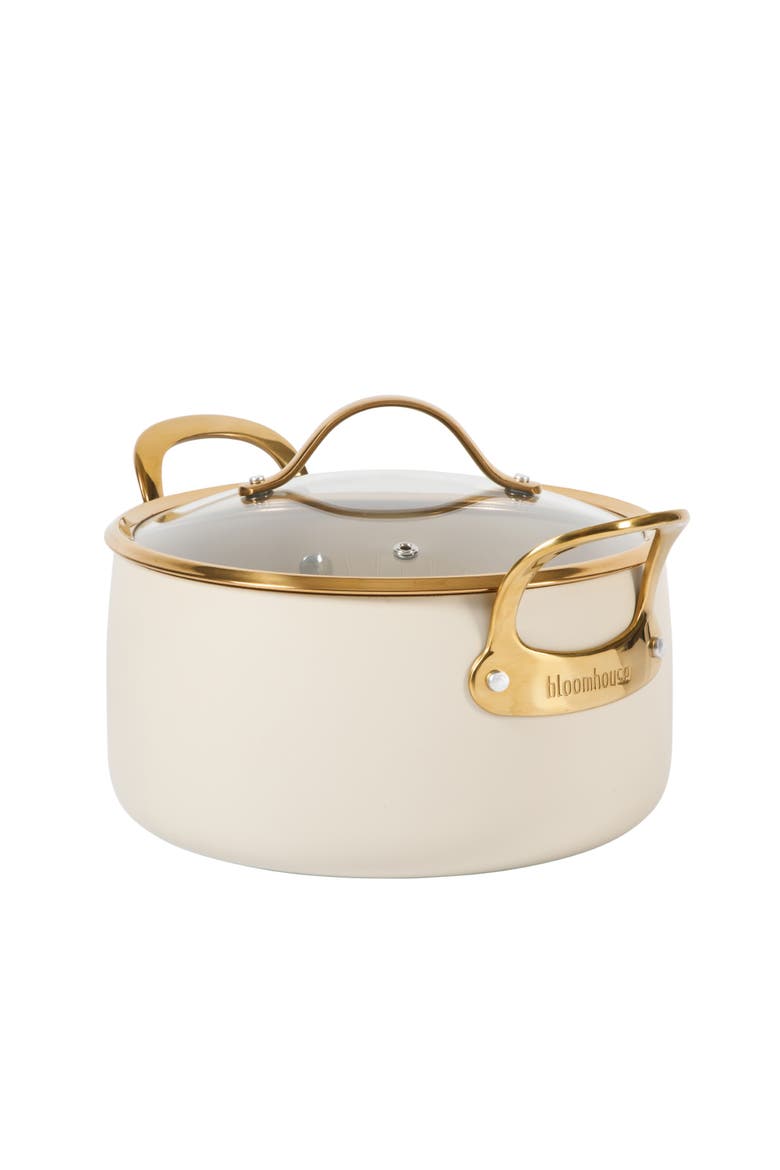 6 Quart Heavy Duty Aluminum Premium PFA Free Ceramic Nonstick Dutch Oven Pot with Lid, Alternate, color, Linen White with Gold Handle