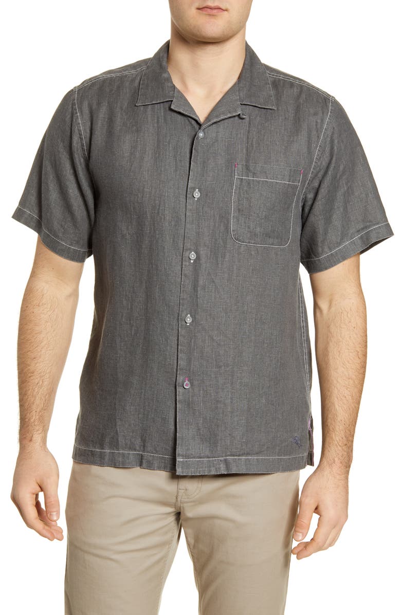 Tommy Bahama Sea Glass Short Sleeve Button-Up Linen Camp Shirt, Main, color,