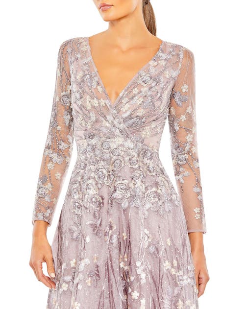 Shop Mac Duggal Embellished Wrap Over Illusion Long Sleeve A Line Gown In Lilac
